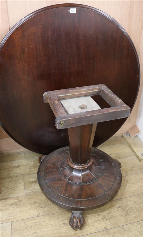 A Victorian circular mahogany centre table on platform base with claw feet, 117cm